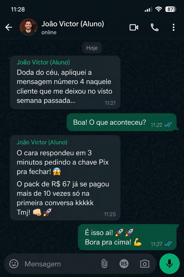 Print de conversa: João Victor relata que cliente respondeu em 3 minutos pedindo Pix após usar a mensagem 4 do Protocolo